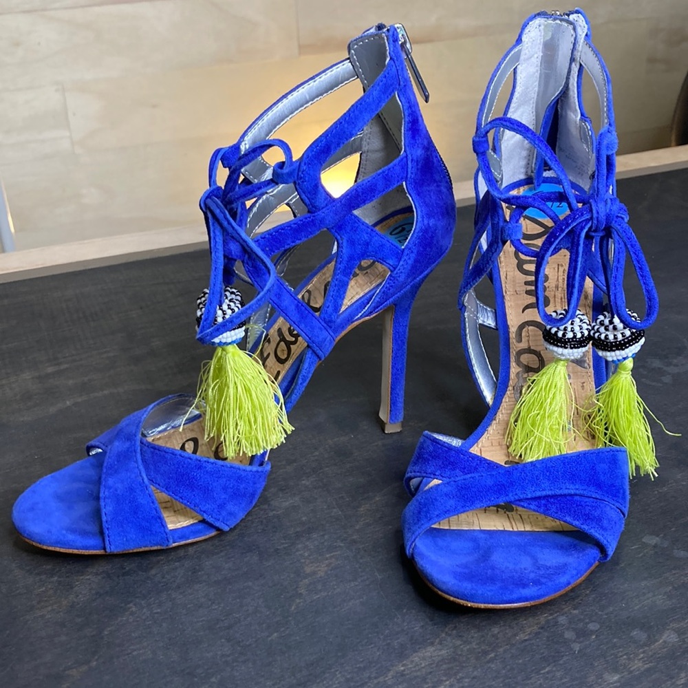 Sam Edelman Azela sailor blue suede heels tie tassel open toe high heels 6 1/2